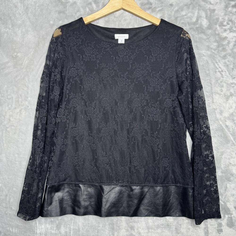 Chico's Shirt Womens M Black Lace Long Sleeve Faux Leather Hem Lined Whimigoth